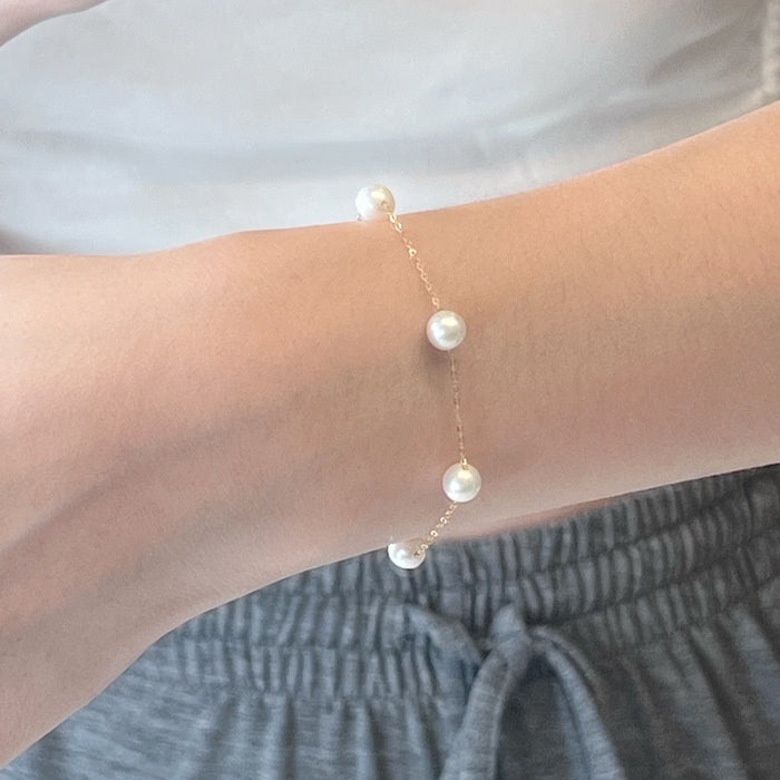 18K Yellow Gold Freshwater Pearl Chain Bead Bracelet