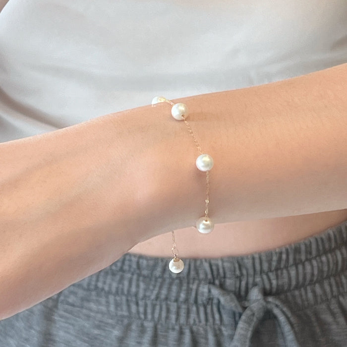 18K Yellow Gold Freshwater Pearl Chain Bead Bracelet