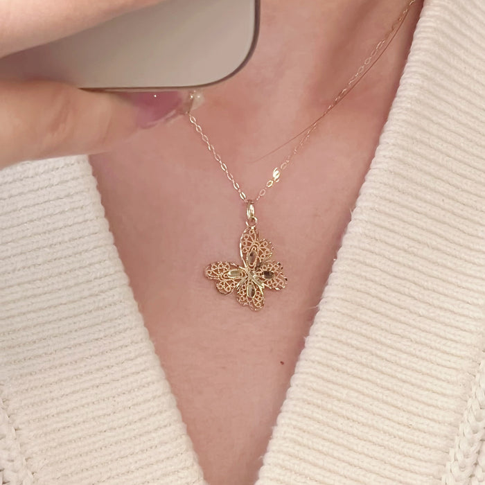 14K Yellow Gold Solid Gold Butterfly Necklace