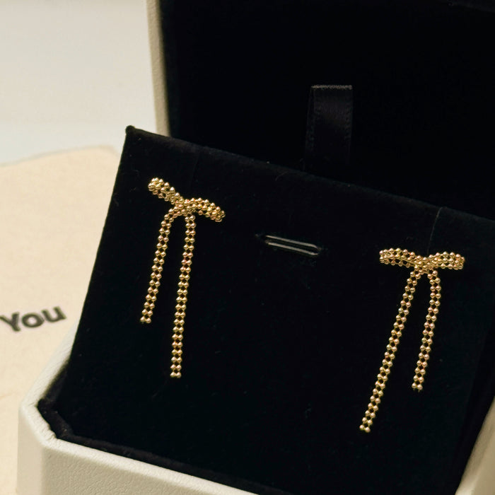 14K Solid Yellow Gold Bow Drop Earring