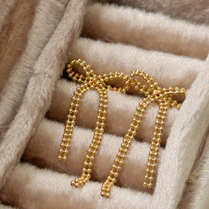 14K Solid Yellow Gold Bow Drop Earring