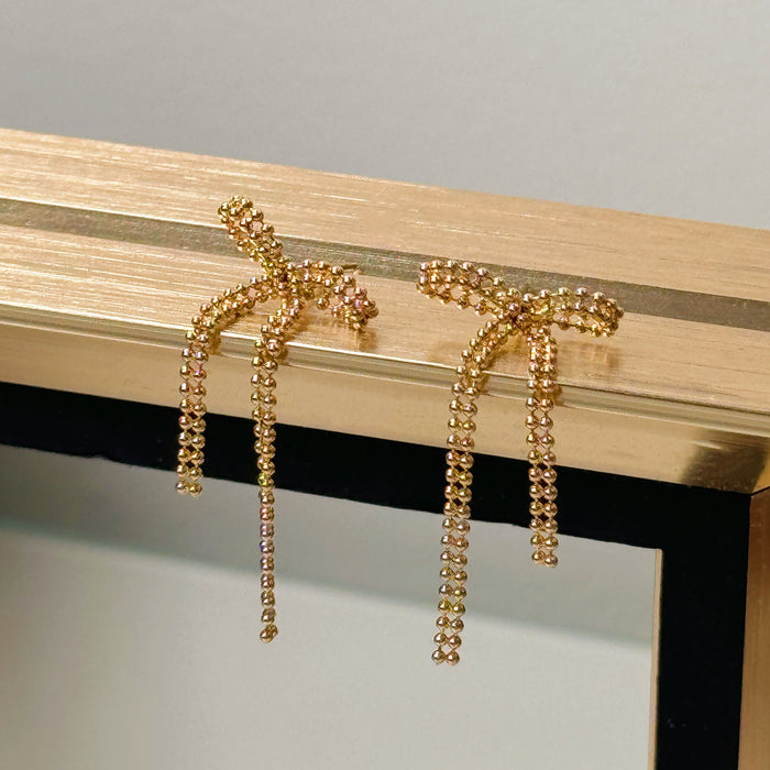 14K Solid Yellow Gold Bow Drop Earring