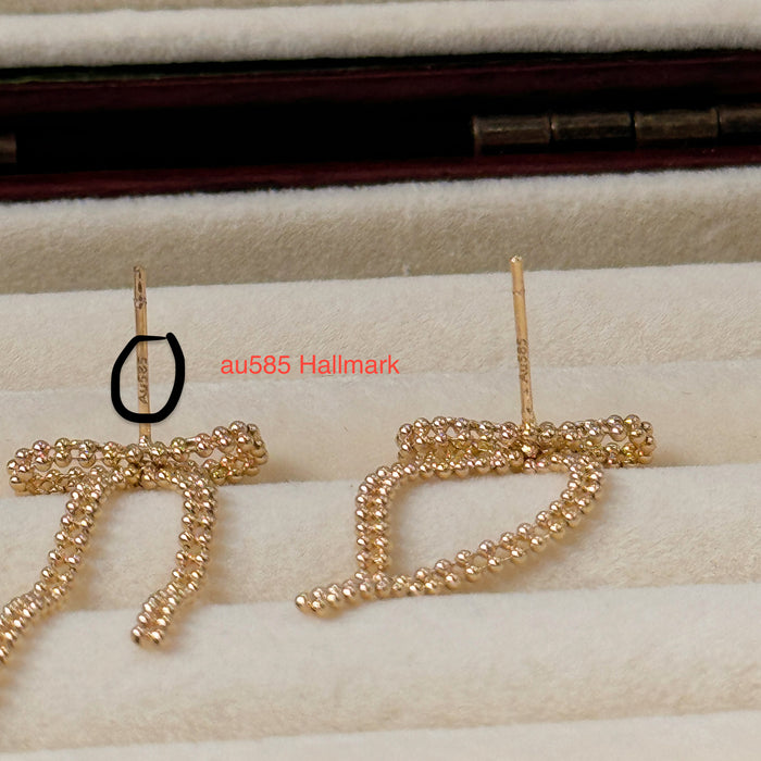 14K Solid Yellow Gold Bow Drop Earring