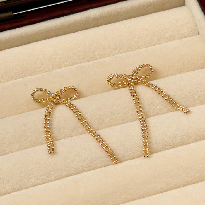 14K Solid Yellow Gold Bow Drop Earring