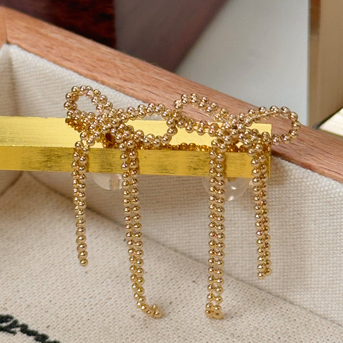 14K Solid Yellow Gold Bow Drop Earring
