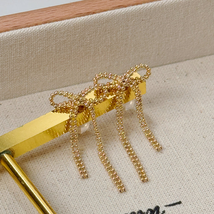 14K Solid Yellow Gold Bow Drop Earring
