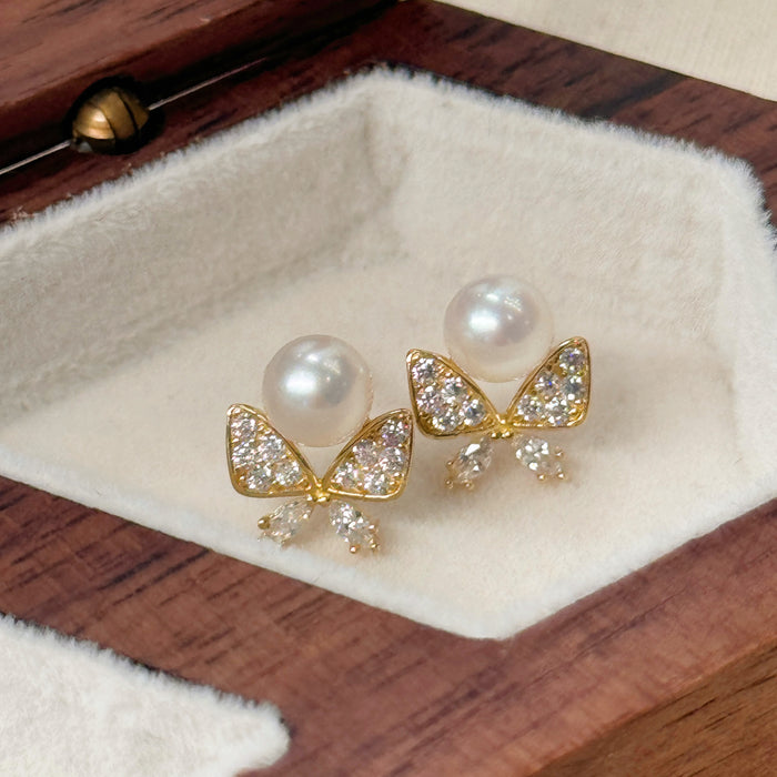 10K Yellow Gold Aurora 5MM Freshwater Pearl Butterfly Earring
