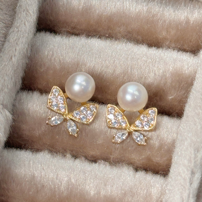 10K Yellow Gold Aurora 5MM Freshwater Pearl Butterfly Earring