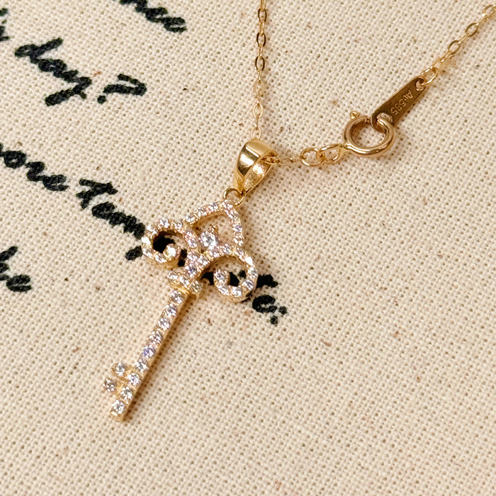 14K Yellow Gold Solid Key Pendant Necklace