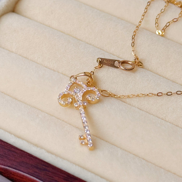 14K Yellow Gold Solid Key Pendant Necklace