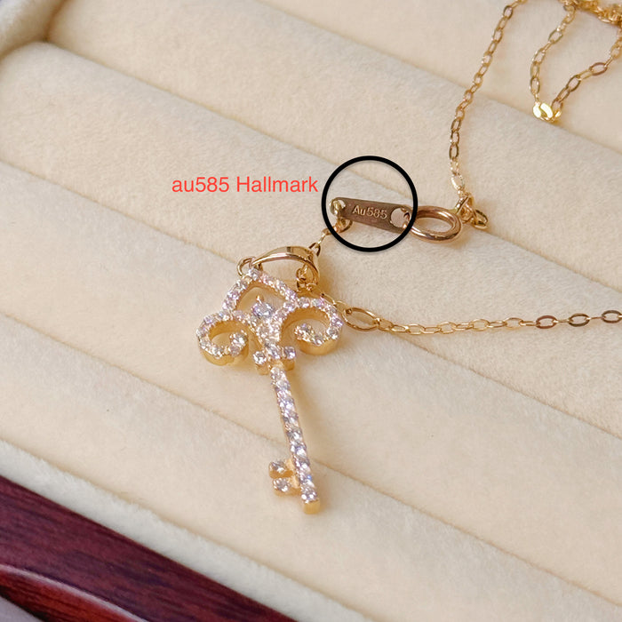 14K Yellow Gold Solid Key Pendant Necklace