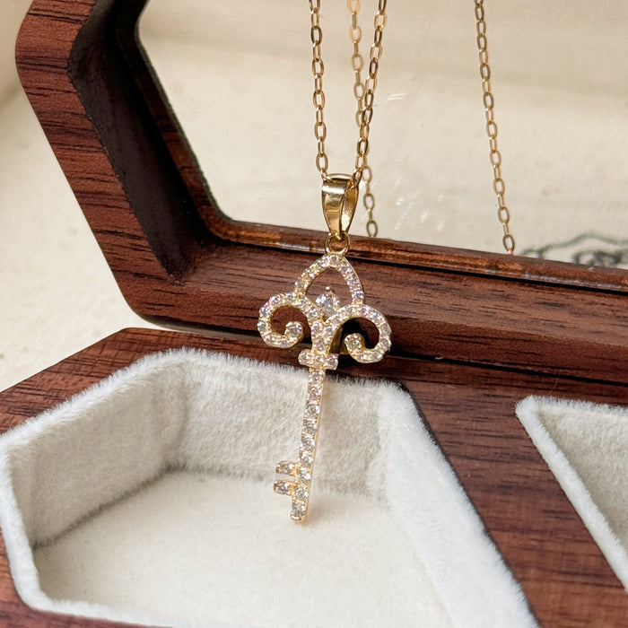 14K Yellow Gold Solid Key Pendant Necklace