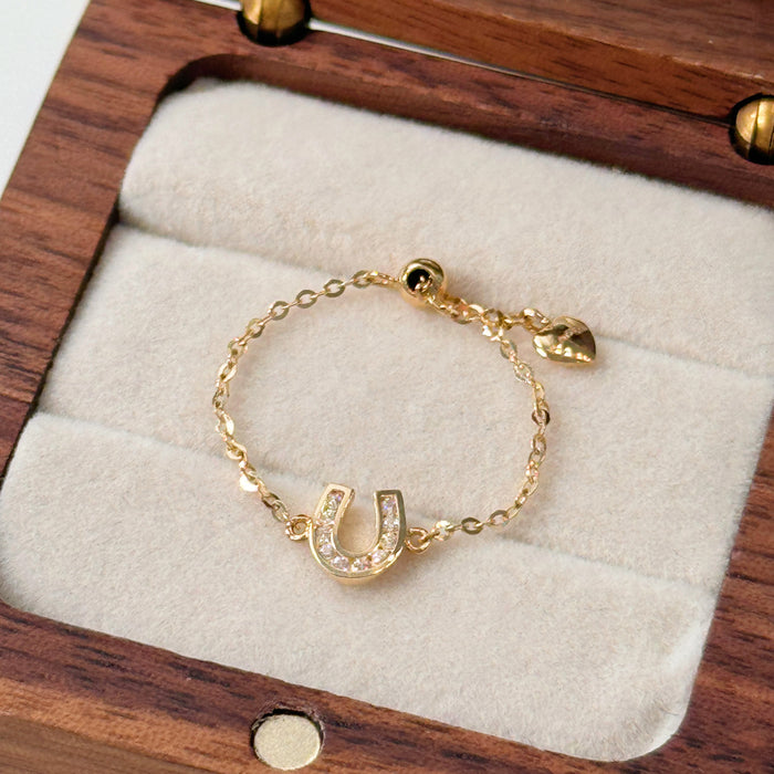 14K Yellow Gold Adjustable U Charm Design Chain Ring