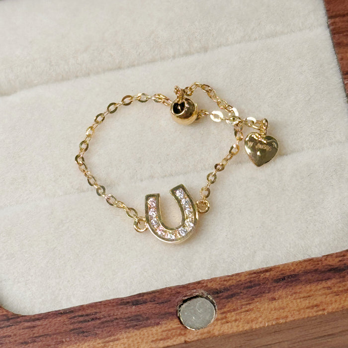 14K Yellow Gold Adjustable U Charm Design Chain Ring