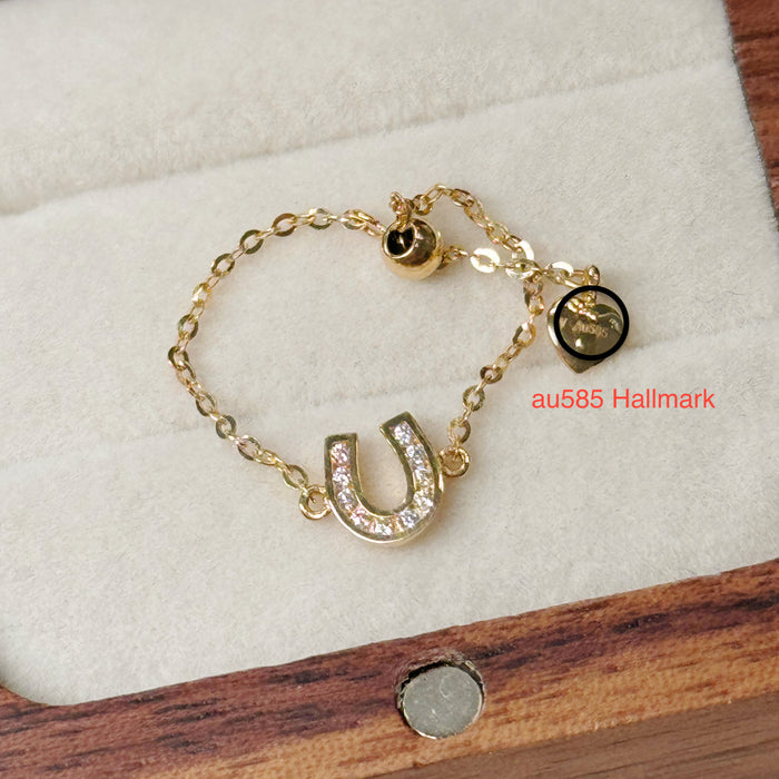 14K Yellow Gold Adjustable U Charm Design Chain Ring