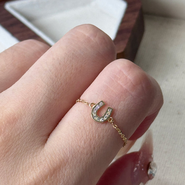 14K Yellow Gold Adjustable U Charm Design Chain Ring