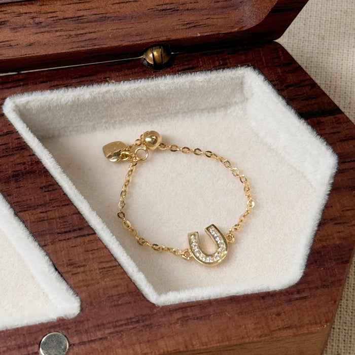 14K Yellow Gold Adjustable U Charm Design Chain Ring