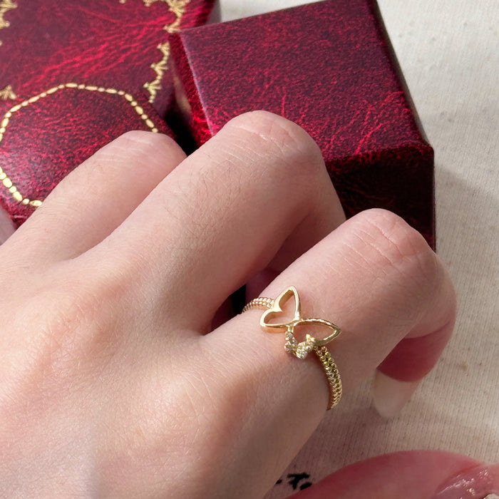 14K Yellow Gold Two Butterfly Trendy Ring