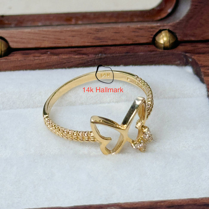 14K Yellow Gold Two Butterfly Trendy Ring