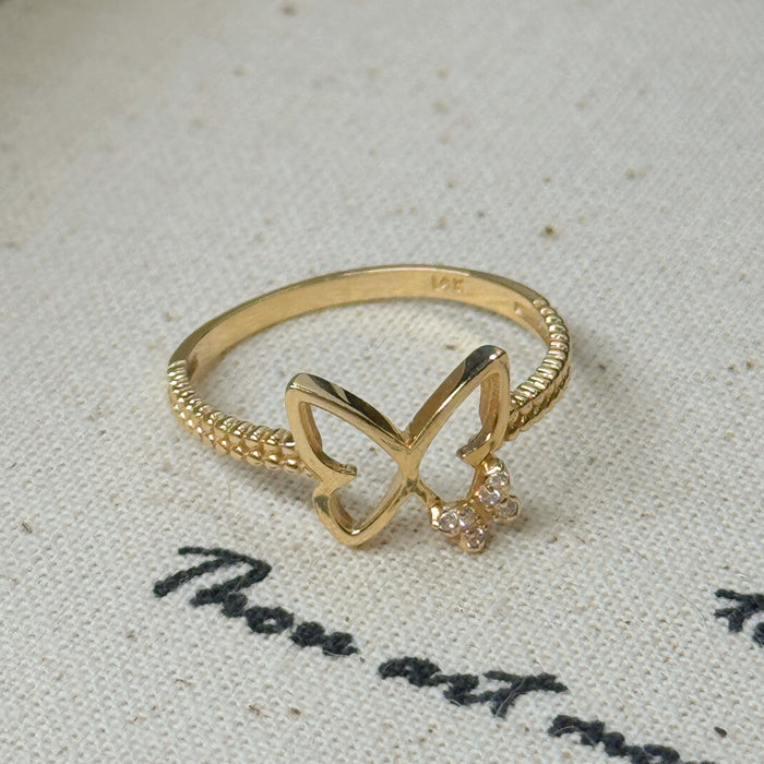 14K Yellow Gold Two Butterfly Trendy Ring