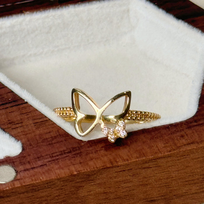 14K Yellow Gold Two Butterfly Trendy Ring