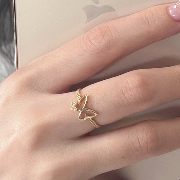 14K Yellow Gold Two Butterfly Trendy Ring