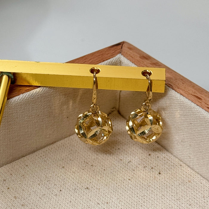 10K Yellow Gold Hollow 3D Gold Ball Hook Design Earring