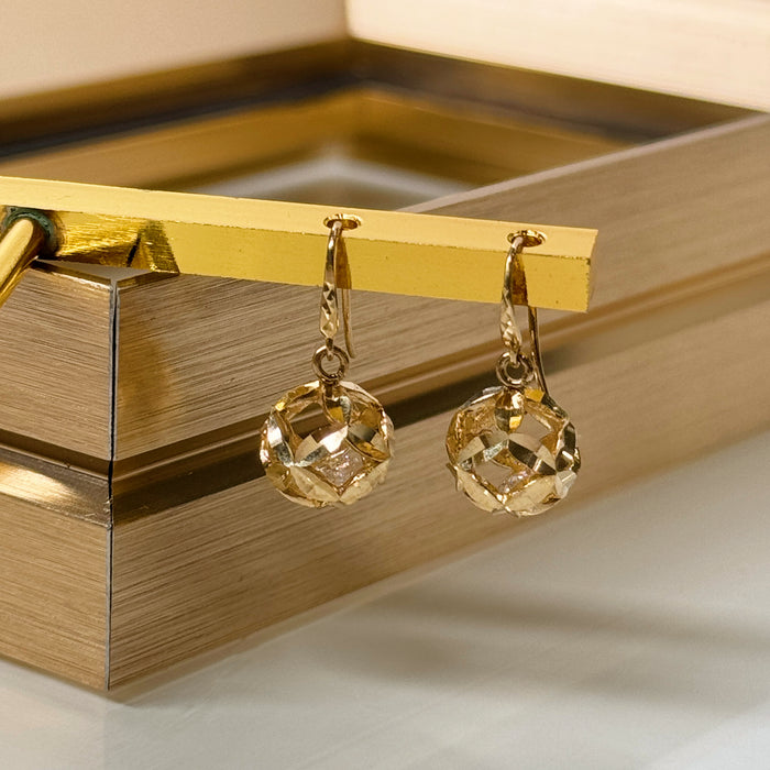 10K Yellow Gold Hollow 3D Gold Ball Hook Design Earring
