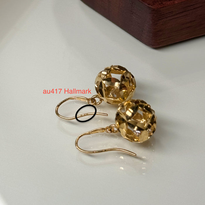 10K Yellow Gold Hollow 3D Gold Ball Hook Design Earring