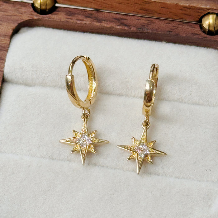10K Yellow Gold North Star Dangle Hoop Earclip Earring