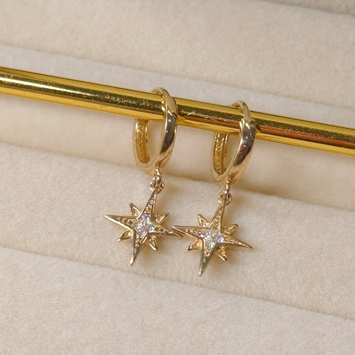 10K Yellow Gold North Star Dangle Hoop Earclip Earring
