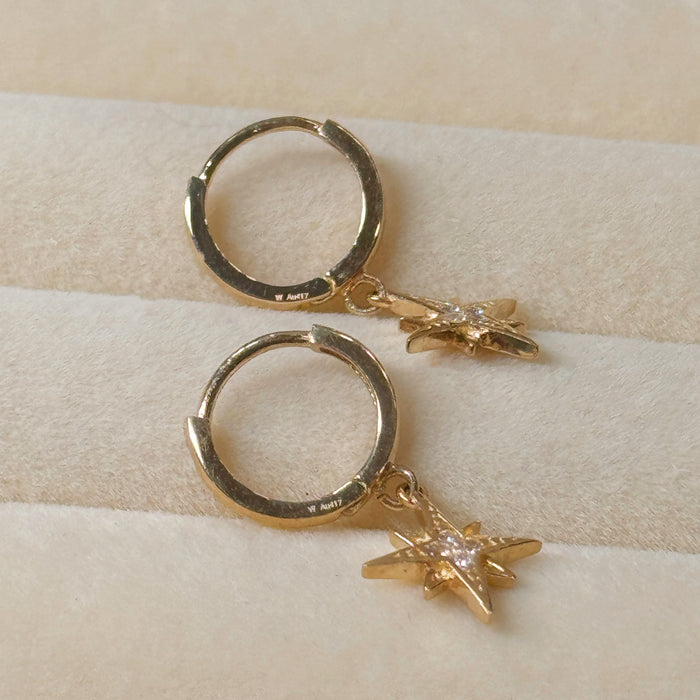 10K Yellow Gold North Star Dangle Hoop Earclip Earring