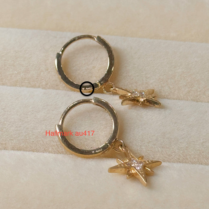 10K Yellow Gold North Star Dangle Hoop Earclip Earring