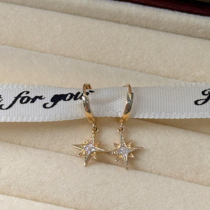 10K Yellow Gold North Star Dangle Hoop Earclip Earring