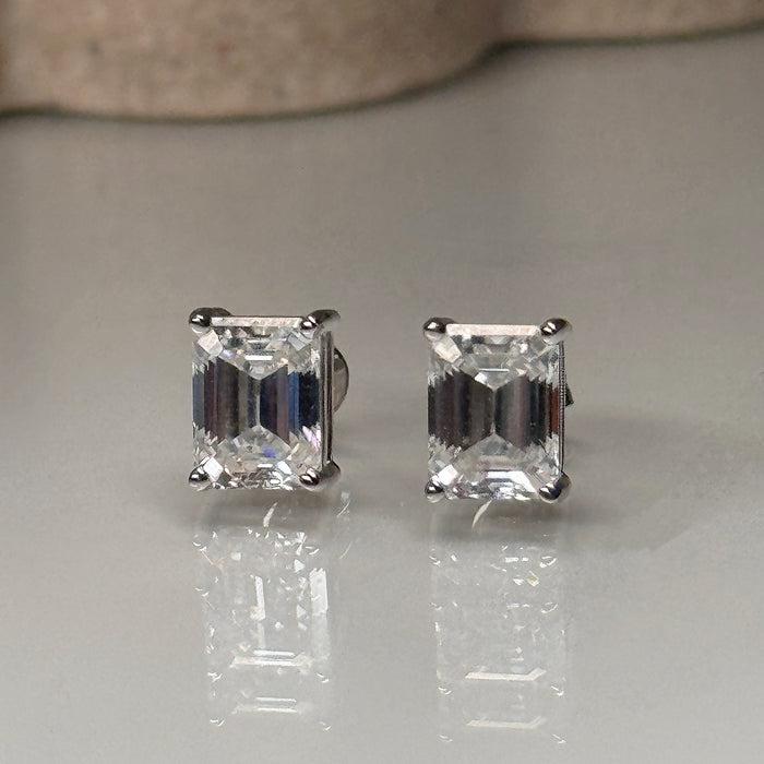10K White Gold 4 Carat Moissanite Emerald Cut Stud Earring