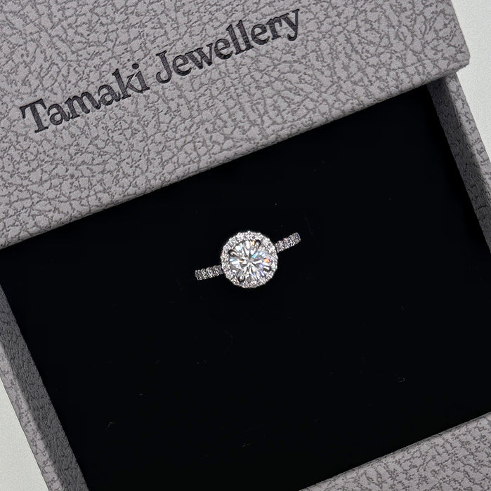 10K White Gold 1 Carat Moissanite Round Halo Engagement Ring