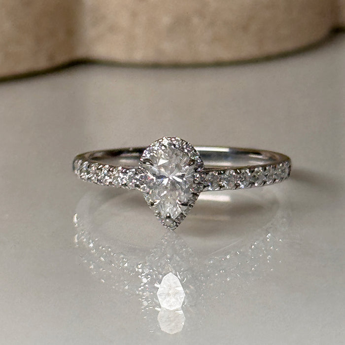 10K White Gold 0.5 Carat Moissanite Halo Pear Wedding Ring