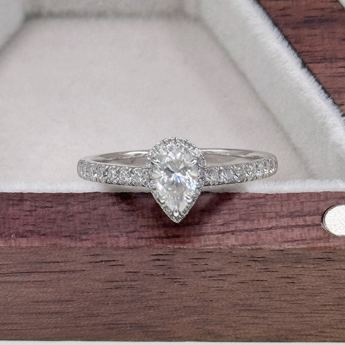 10K White Gold 0.5 Carat Moissanite Halo Pear Wedding Ring